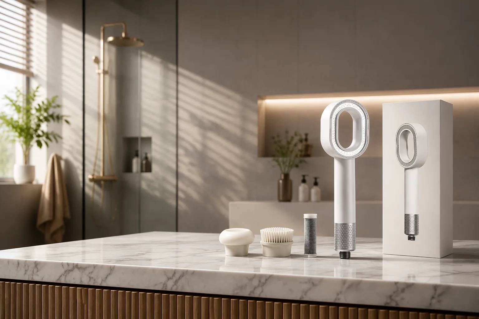 Shower Skin filtered shower head in a luxury bathroom